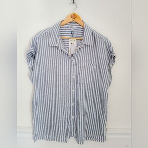 ORVIS Linen Blend Casual Blue Stripe Top Size Large New!